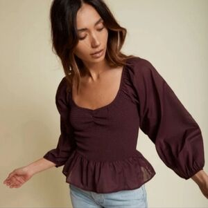 NATION LTD 100% cotton plum purple Tiana ruched smocked peplum blouse top size S